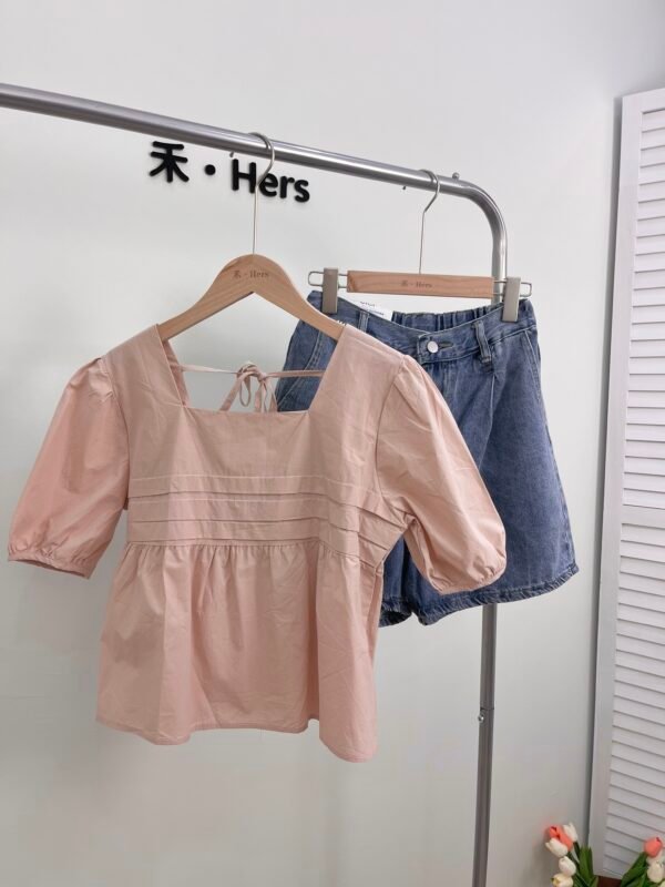SQUARE NECK PUFF SLEEVED BLOUSE 绑带娃娃衫